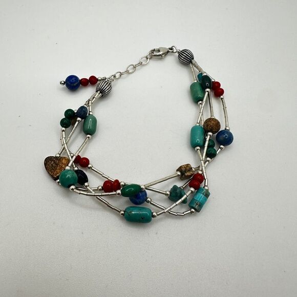 up to 7.5" liquid silver and multi-stone beaded, sterling silver bracelet! - Picture 4 of 11